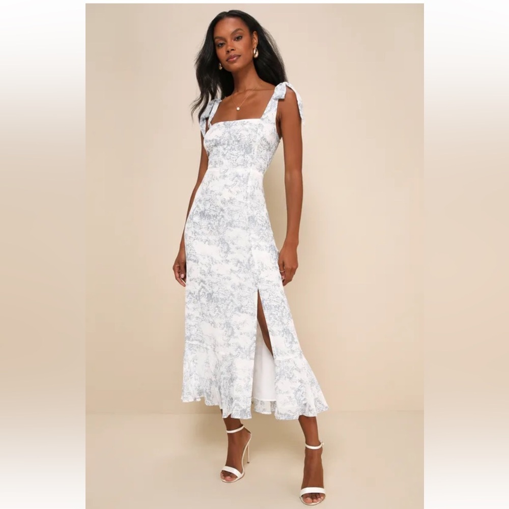 Lulus Summer invite Light Blue Toile Tie-straps Midi Dress size S New #3G